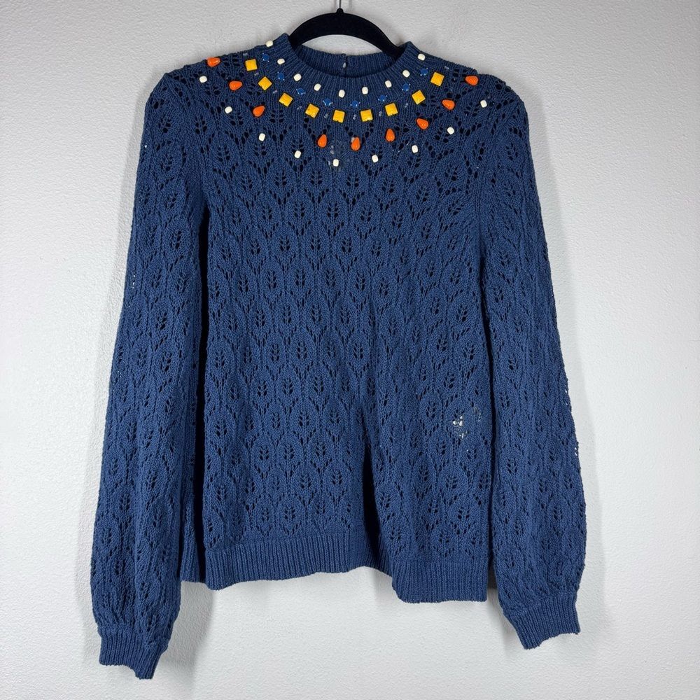 Sézane Marine Taille Pullover Sweater Beaded Open Knit Navy Blue Flaw Size Large
